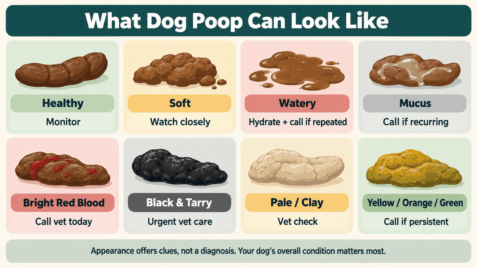 Illustrated chart of eight dog stool appearances with guidance on when to monitor or call a veterinarian