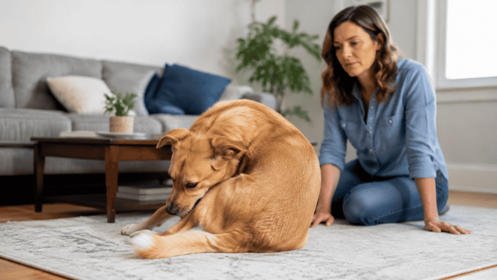 Dog turns to lick its rear while an attentive owner watches