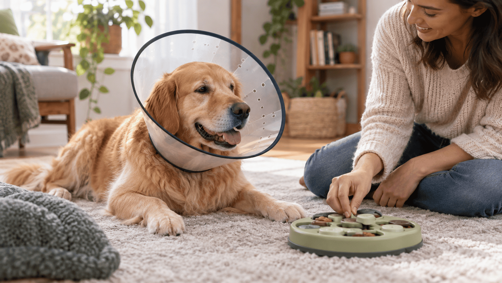 Calm golden retriever wearing a recovery collar while an owner offers a food puzzle