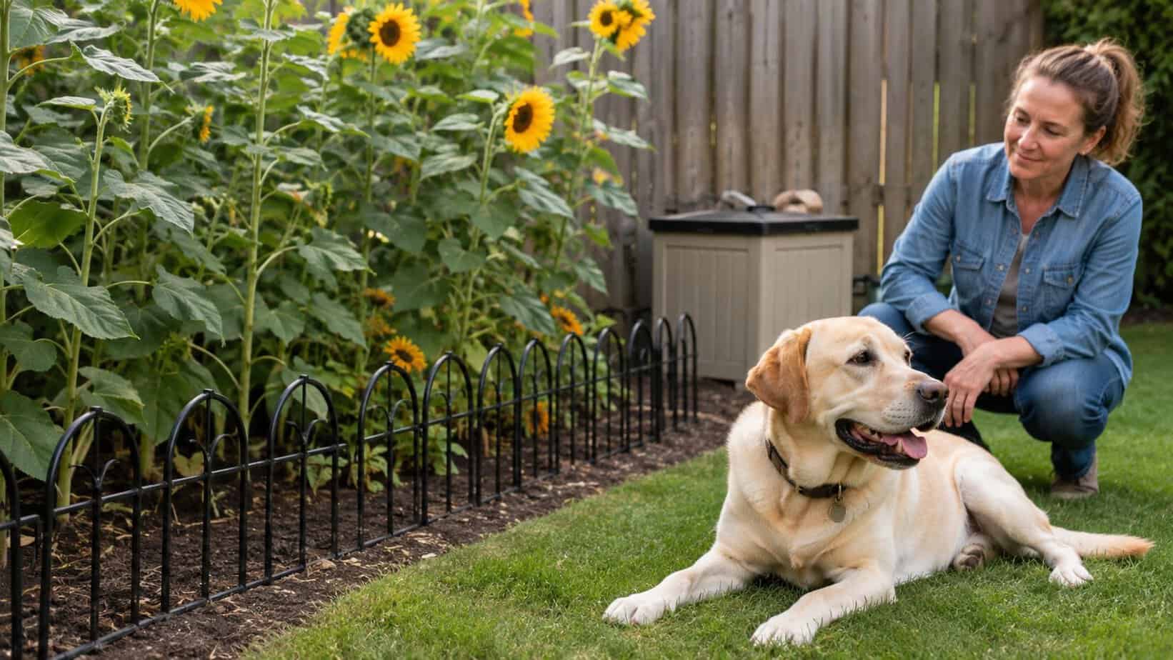Labrador relaxing beside a low barrier that separates the dog from a sunflower garden