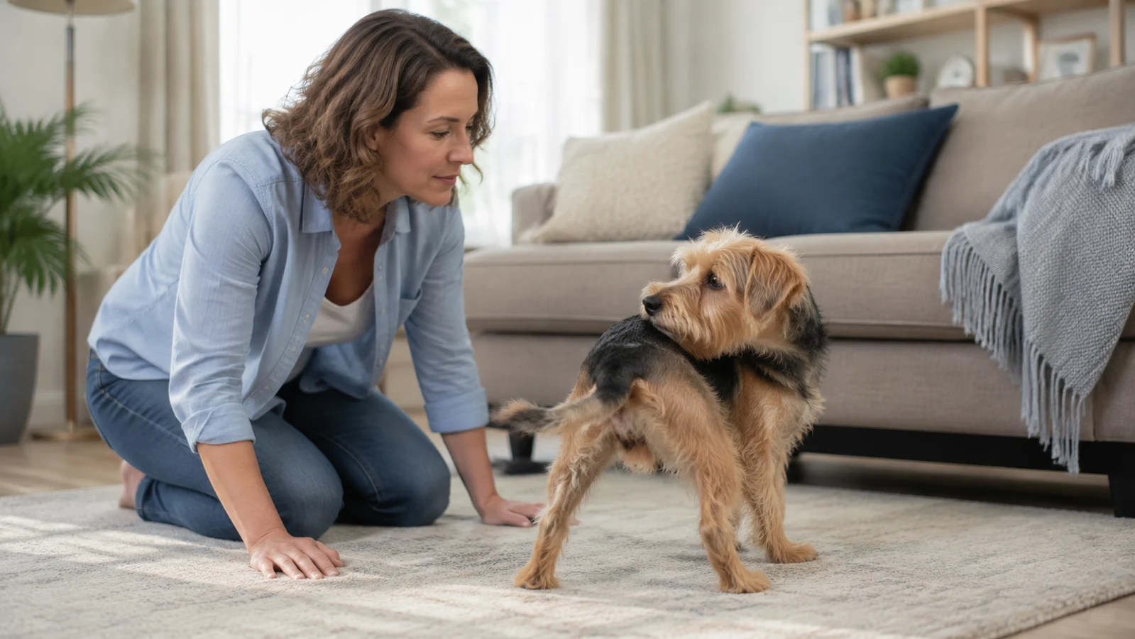 Dog owner watching a terrier turn toward its hindquarters after scooting