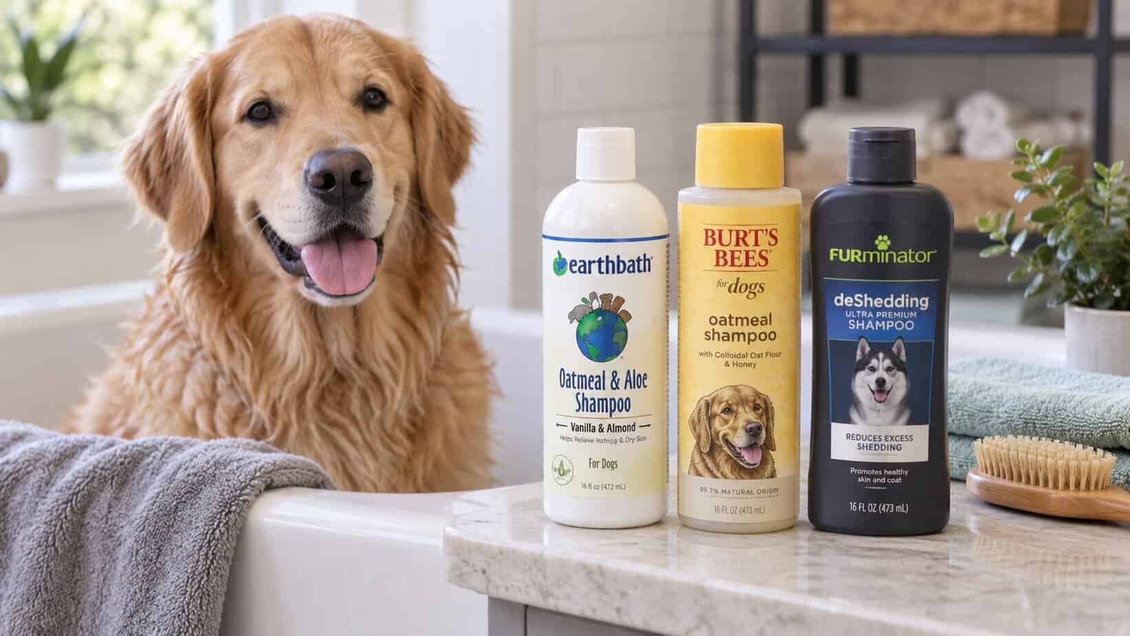 Golden retriever beside Earthbath, Burt’s Bees, and FURminator dog shampoos