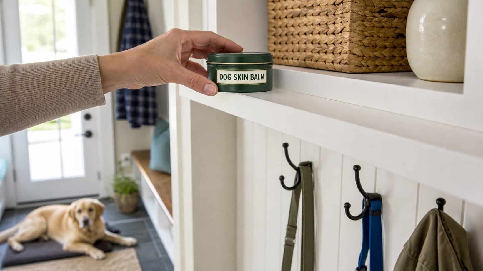 Closed dog skin balm tin stored on a high shelf away from a dog