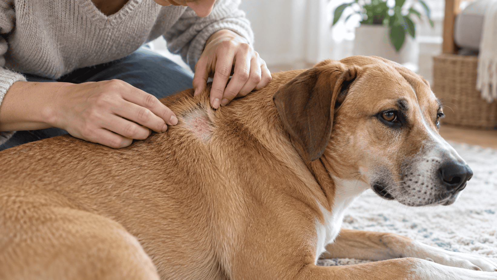 Owner gently examining a small dry patch of intact skin on a relaxed dog