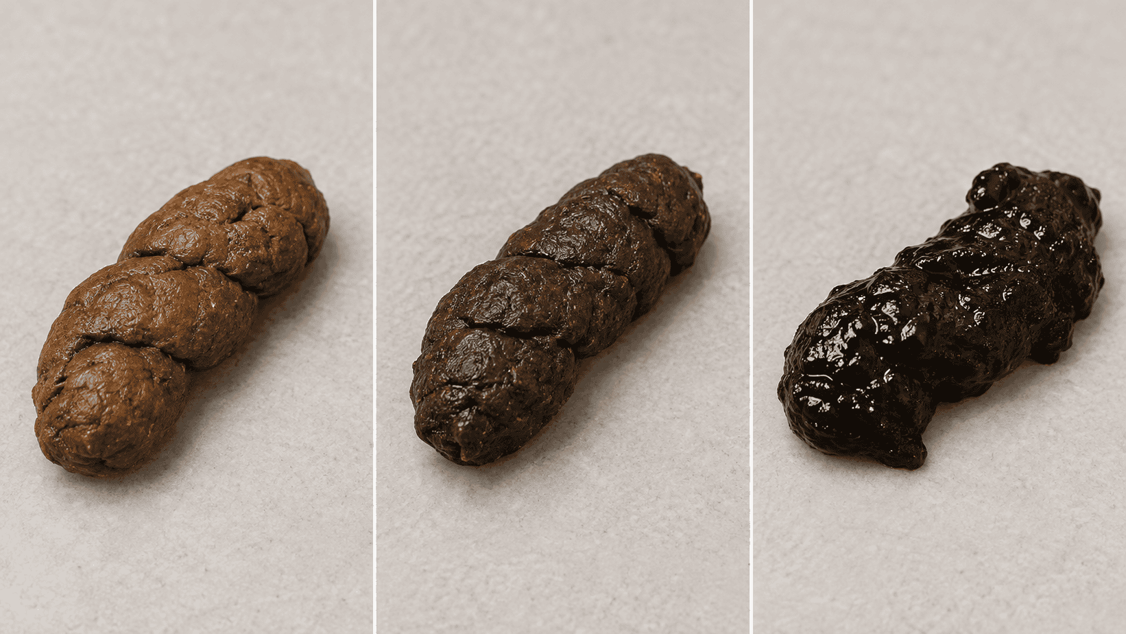 Three-panel comparison of normal brown, very dark brown, and jet-black tarry dog stool