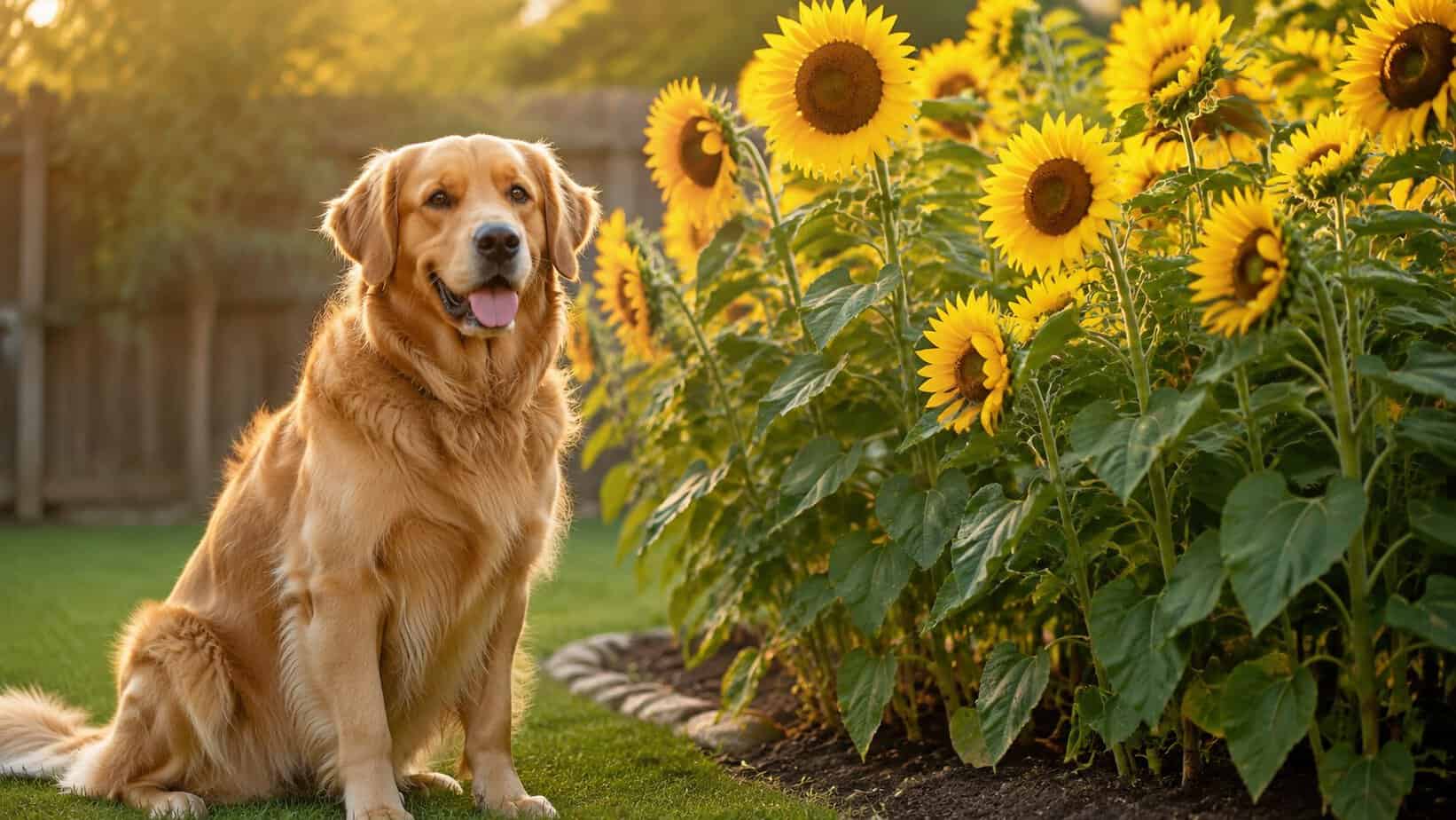 Golden retriever sitting calmly beside sunflowers in a backyard garden