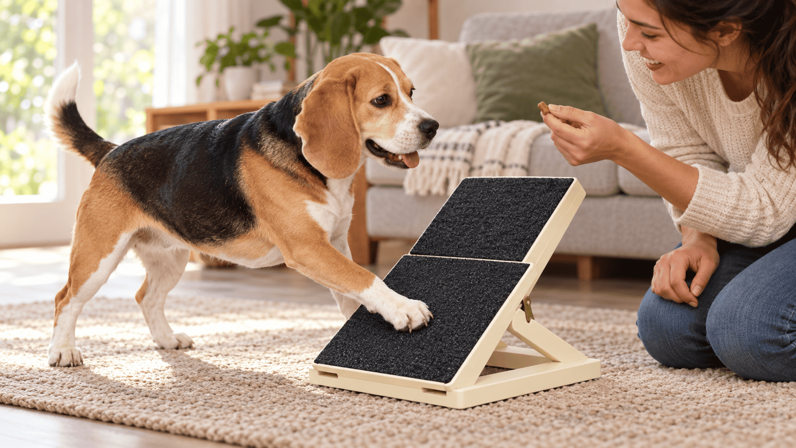 Beagle voluntarily scratches an angled nail board while its trainer offers a treat.
