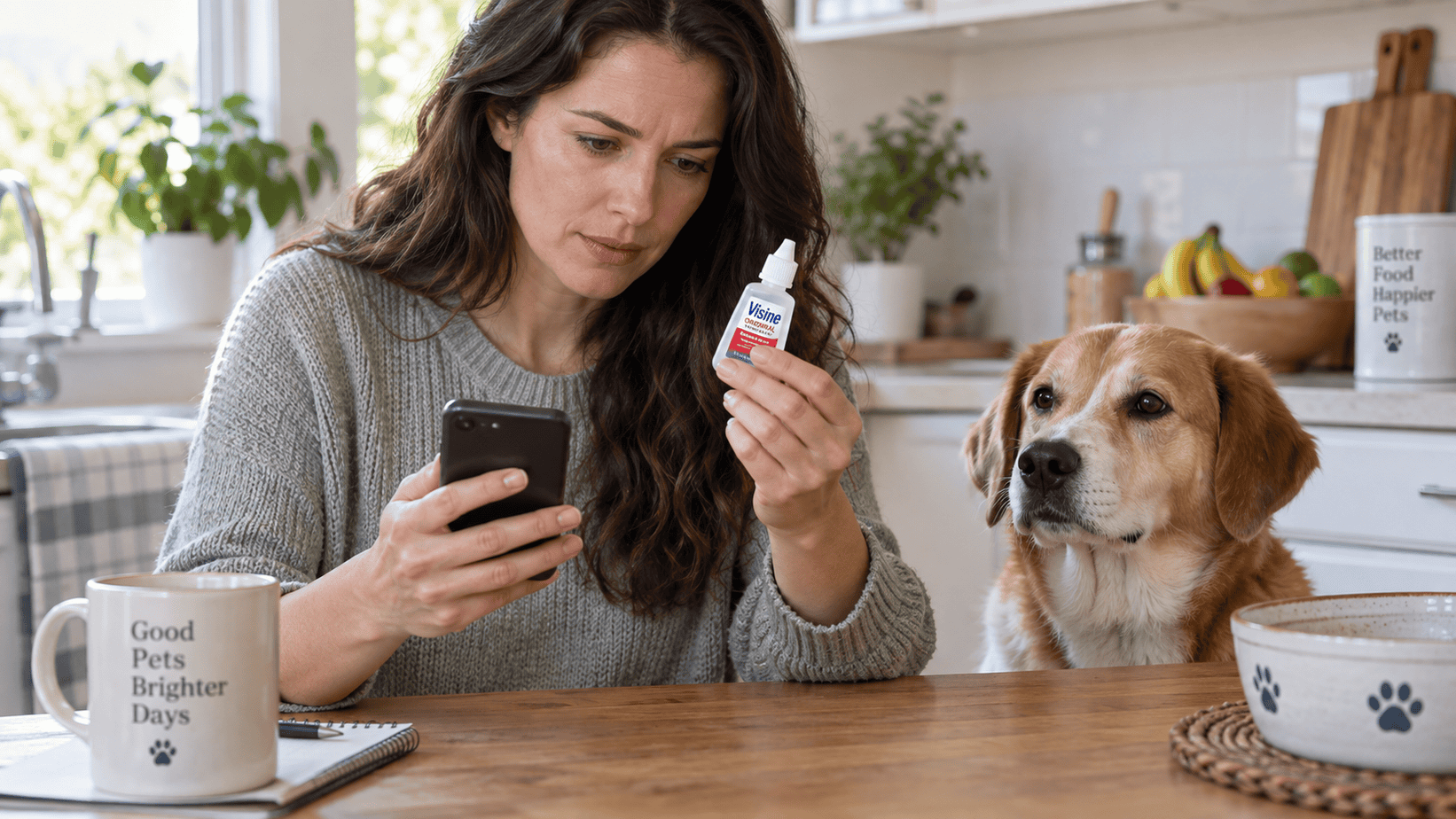 Dog owner checks a Visine bottle while calling a veterinarian about possible eye-drop exposure