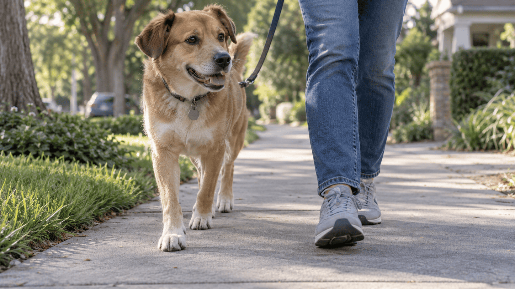 Dog taking a normal walk with its owner on a cool shaded sidewalk.