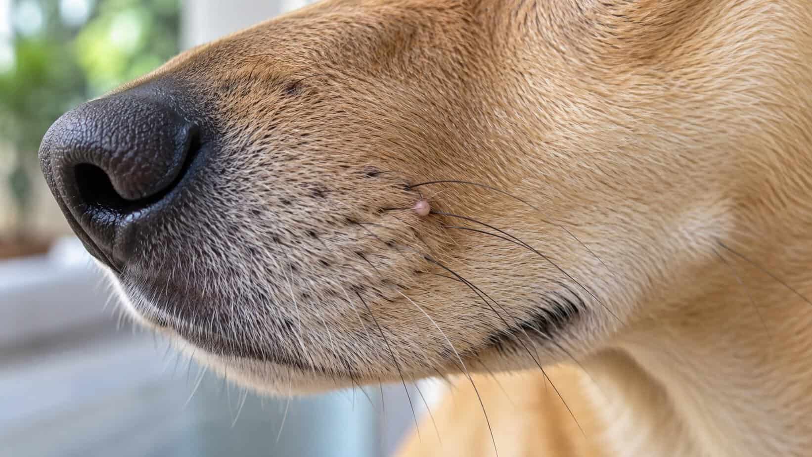 Close view of a small closed pink bump beside a dog’s muzzle whiskers.