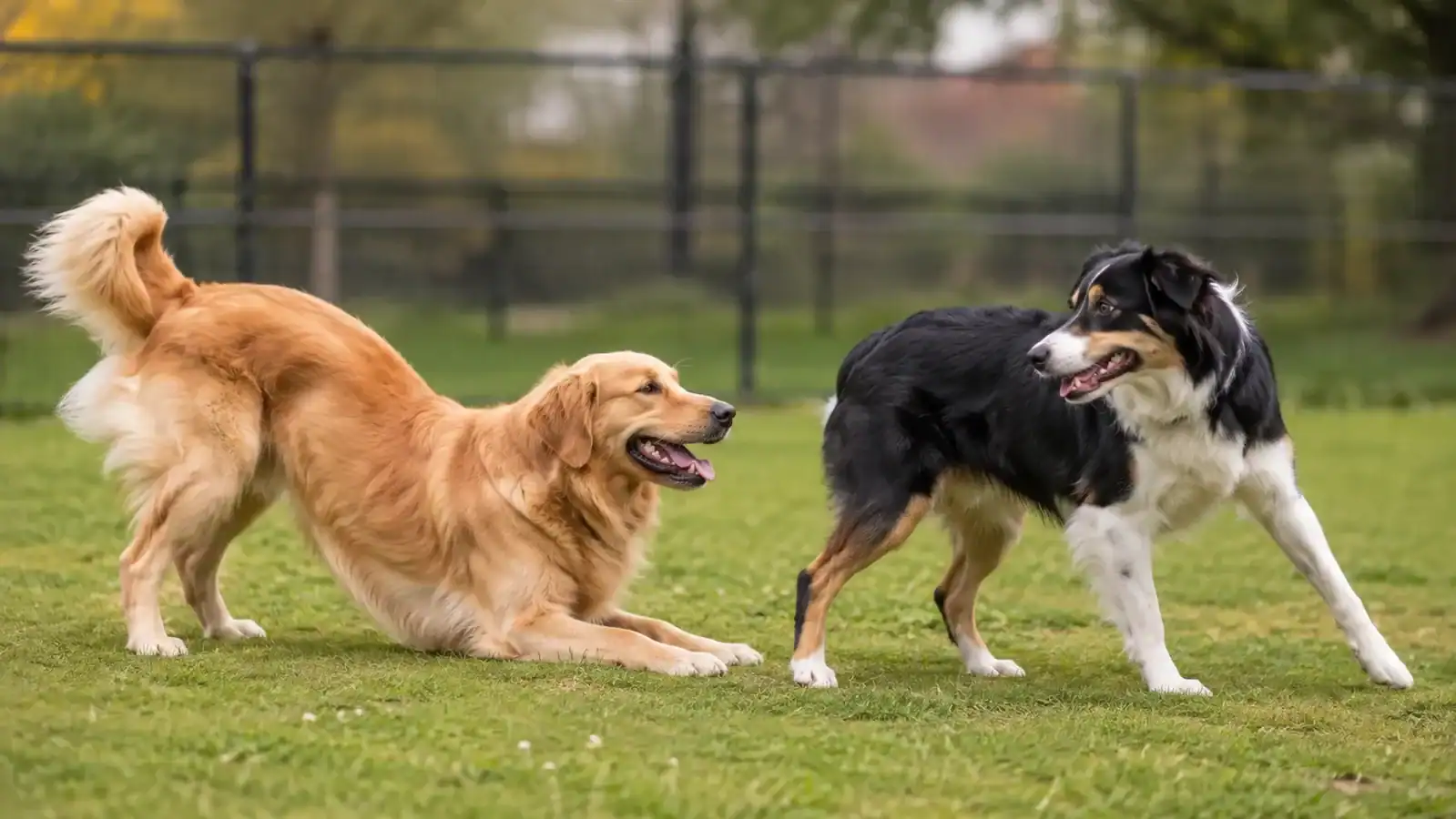 Golden retriever in a play bow facing a relaxed dog on grass