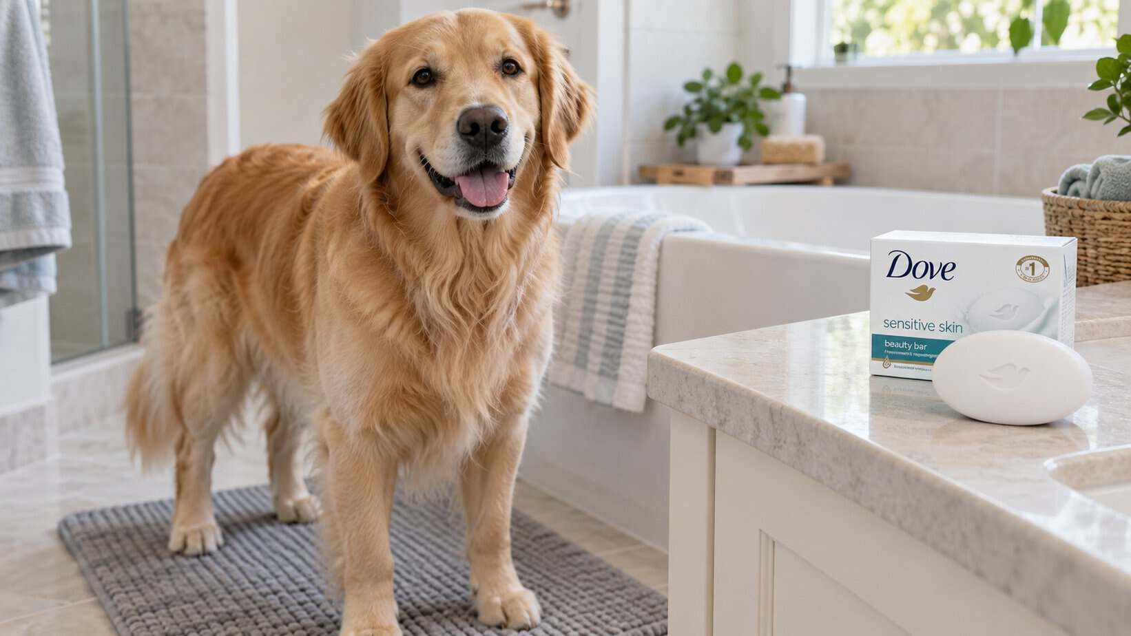 Golden retriever beside a Dove Sensitive Skin Beauty Bar in a bright bathroom