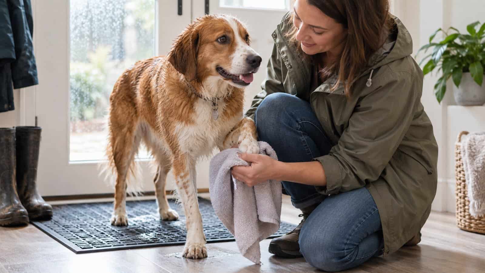 Owner dries a dog's paws with a towel after a wet walk
