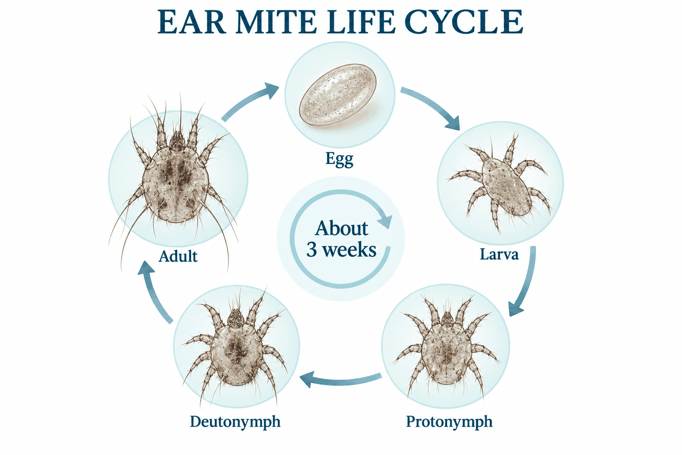 Ear mite life cycle from egg to adult