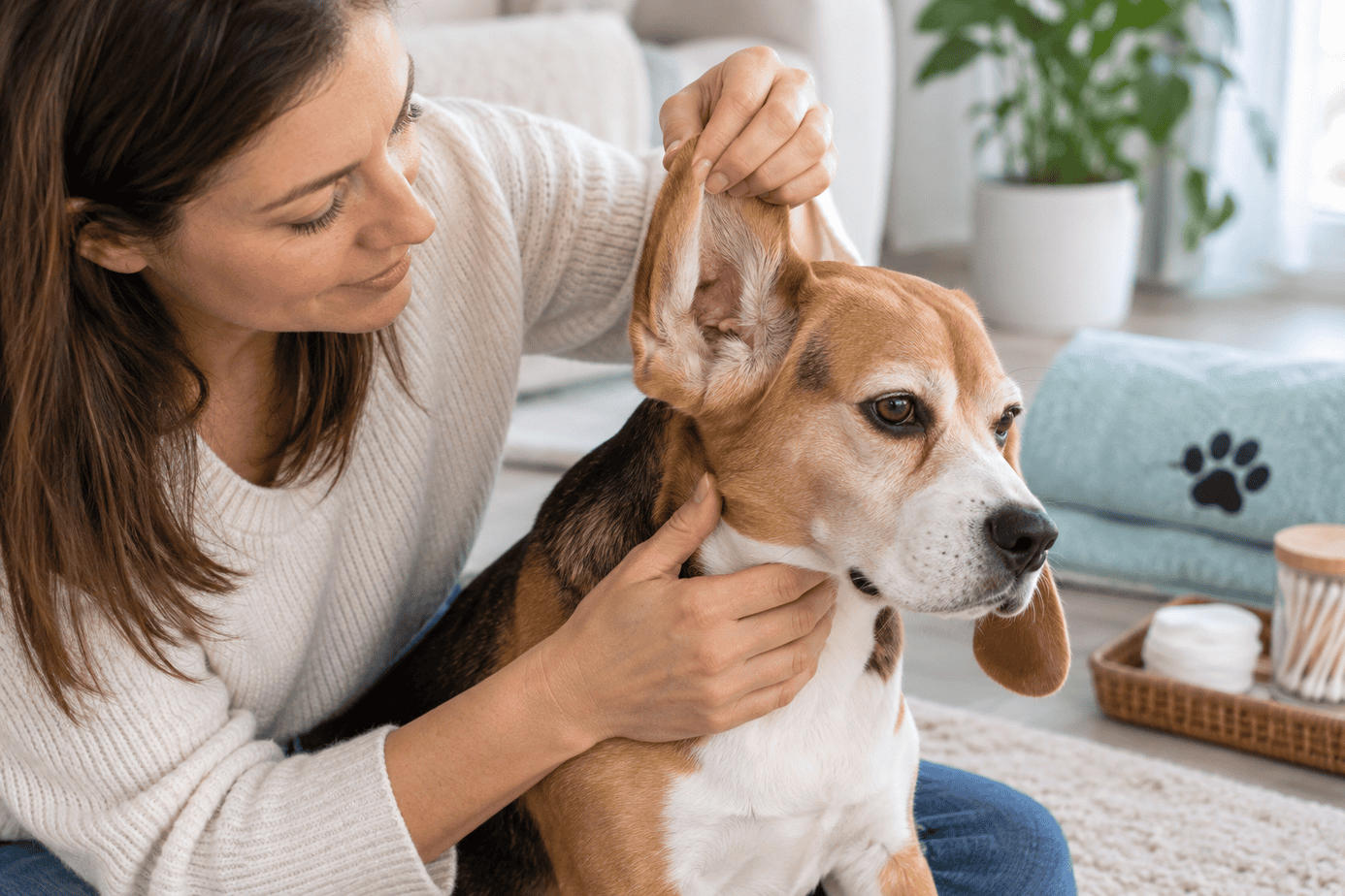 Dog owner gently checking a dog's ear