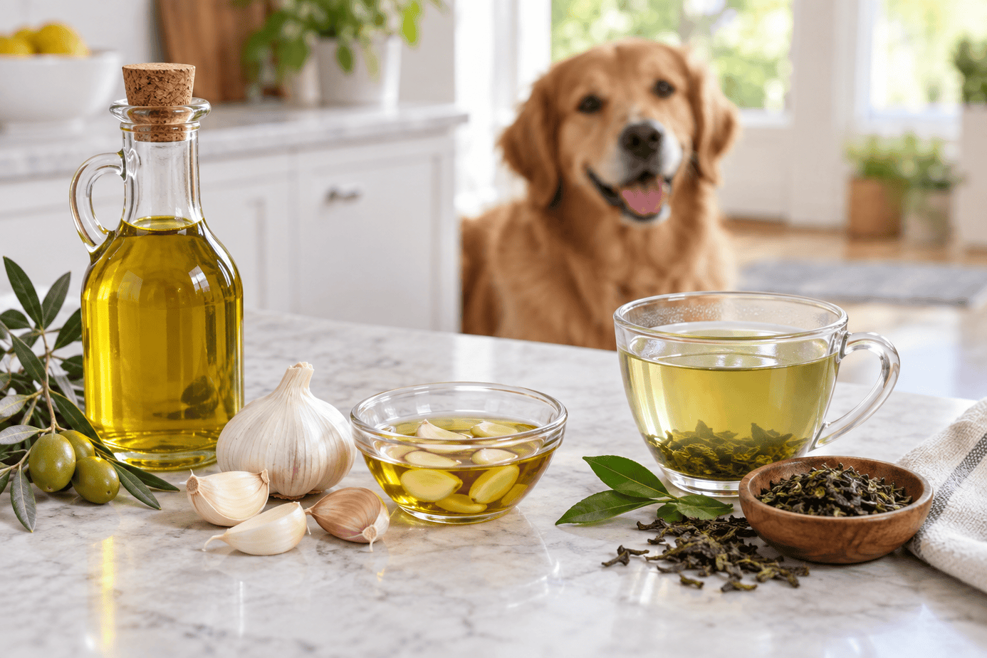 Olive oil, garlic oil, and green tea home remedy ingredients