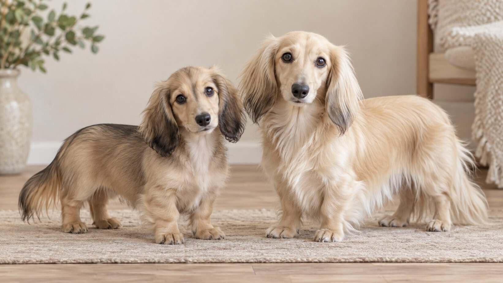Shaded cream Dachshund puppy beside a lighter adult showing coat color development