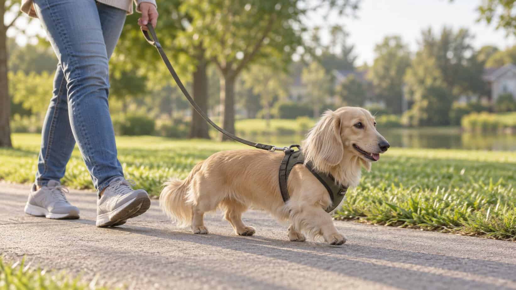 English cream longhaired Dachshund walking on a flat park path in a harness