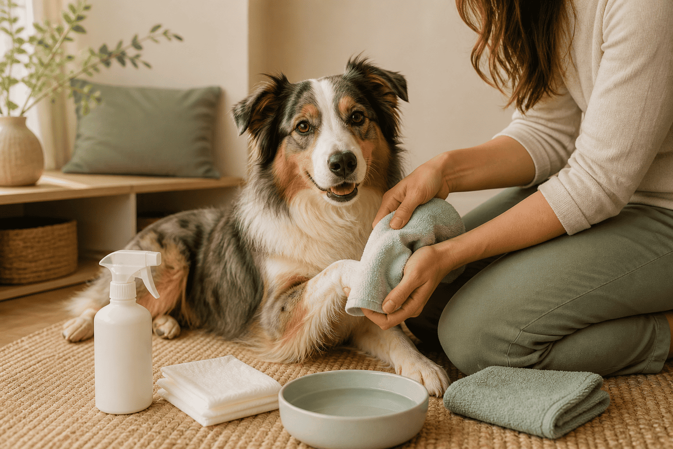Relaxed dog having its paw gently cleaned at home