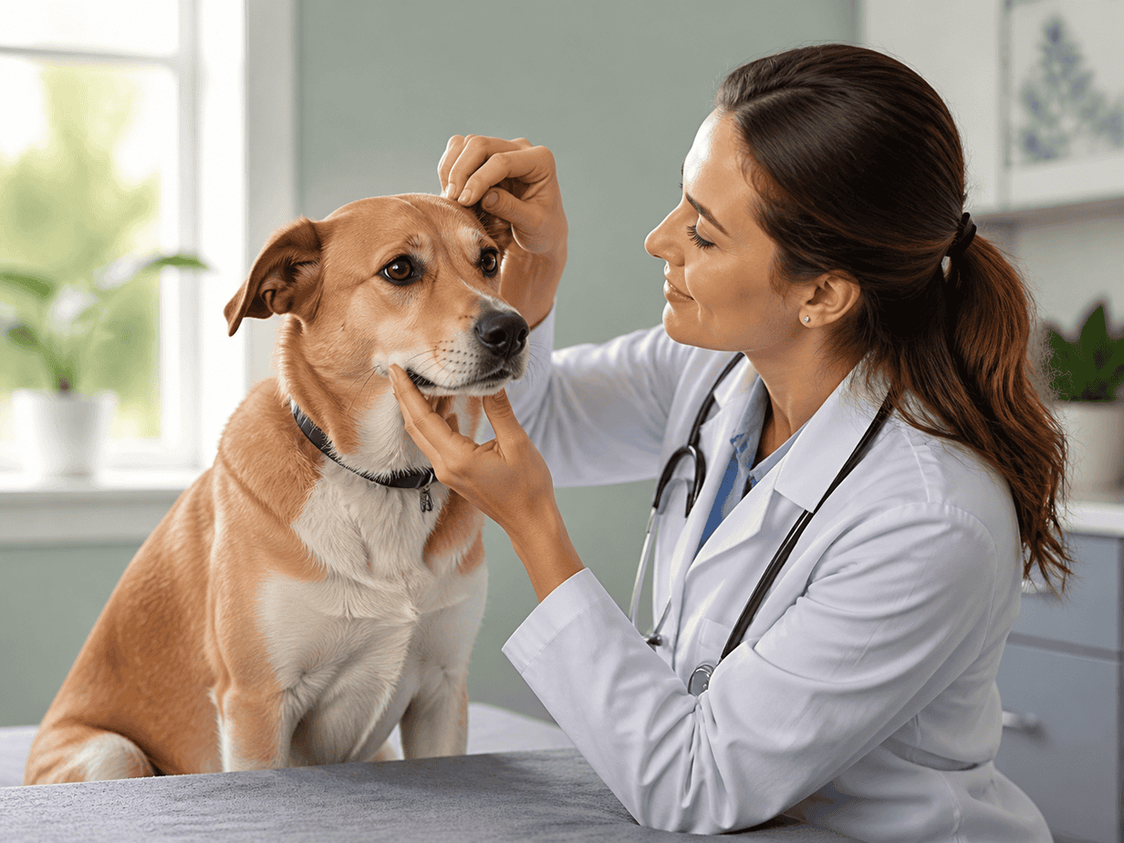 Veterinarian gently examining a calm dog's eyes and ears