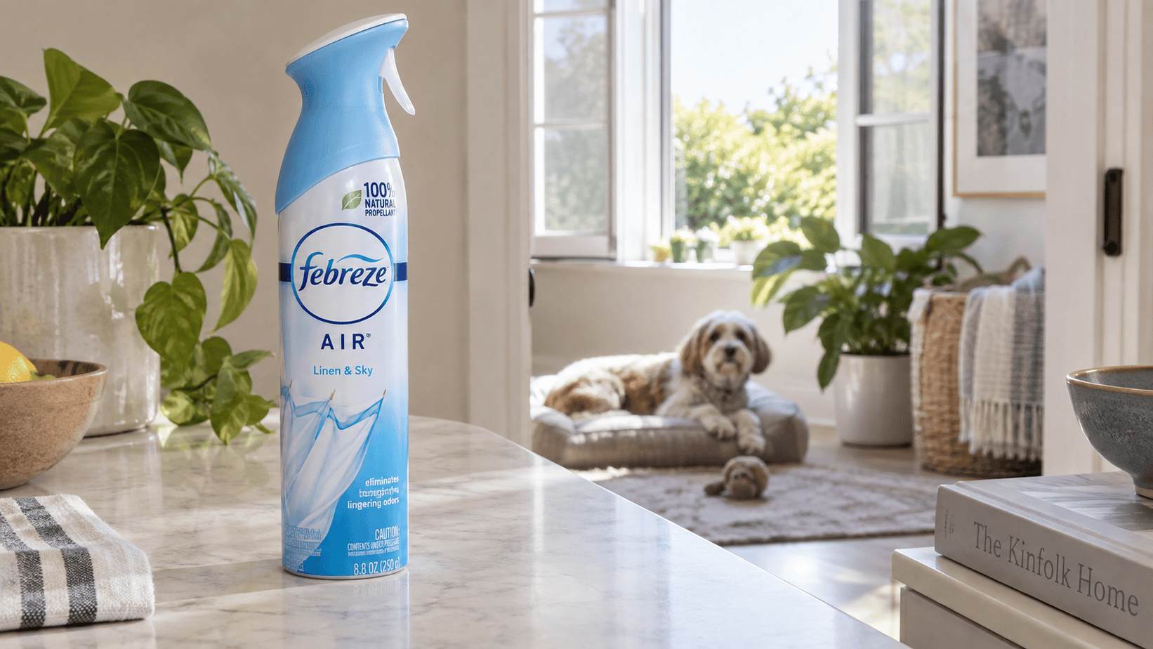 Febreze Air spray bottle on a high counter with a dog resting in a separate ventilated room.