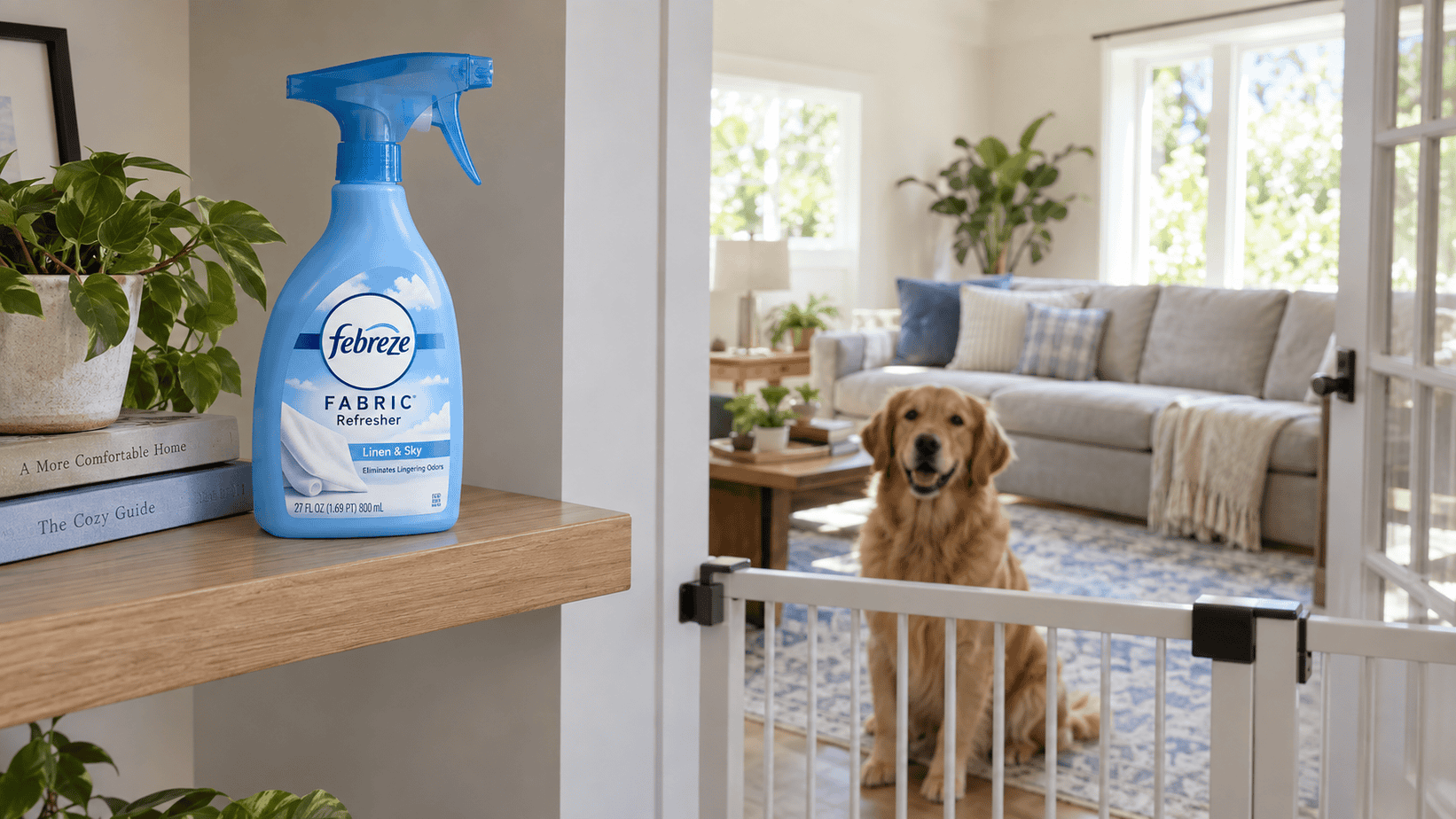 Febreze Fabric Refresher bottle on a shelf with a dog safely separated behind a pet gate.