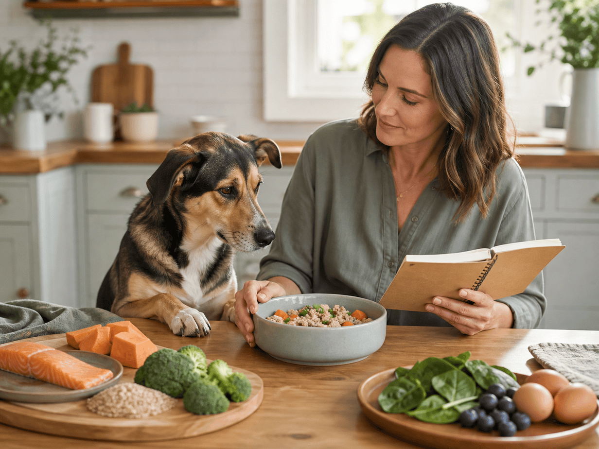 Dog beside an adult reviewing a simple meal and ingredient notes in a home kitchen