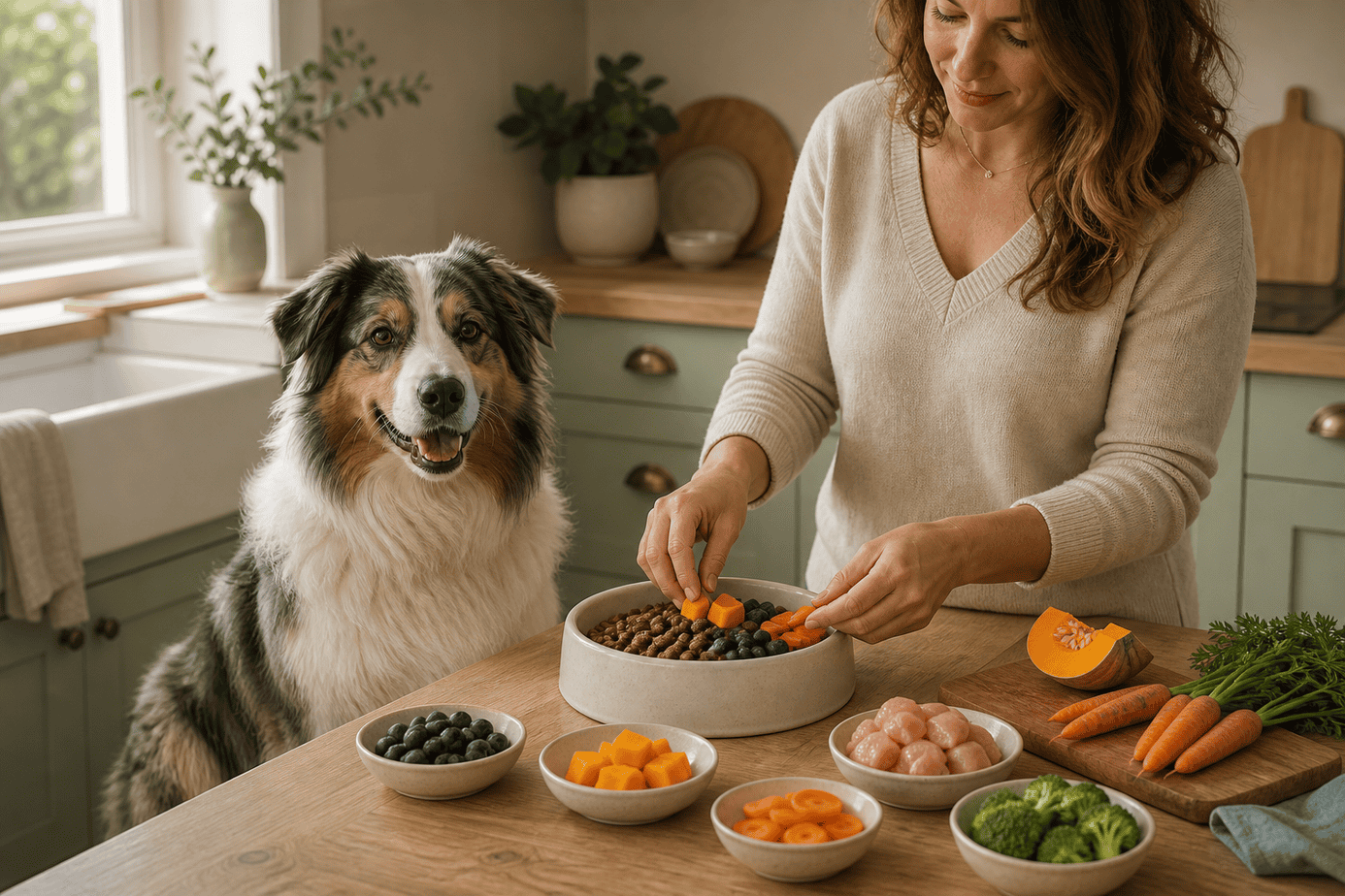 Relaxed dog beside a carefully prepared bowl of dog food in a home kitchen