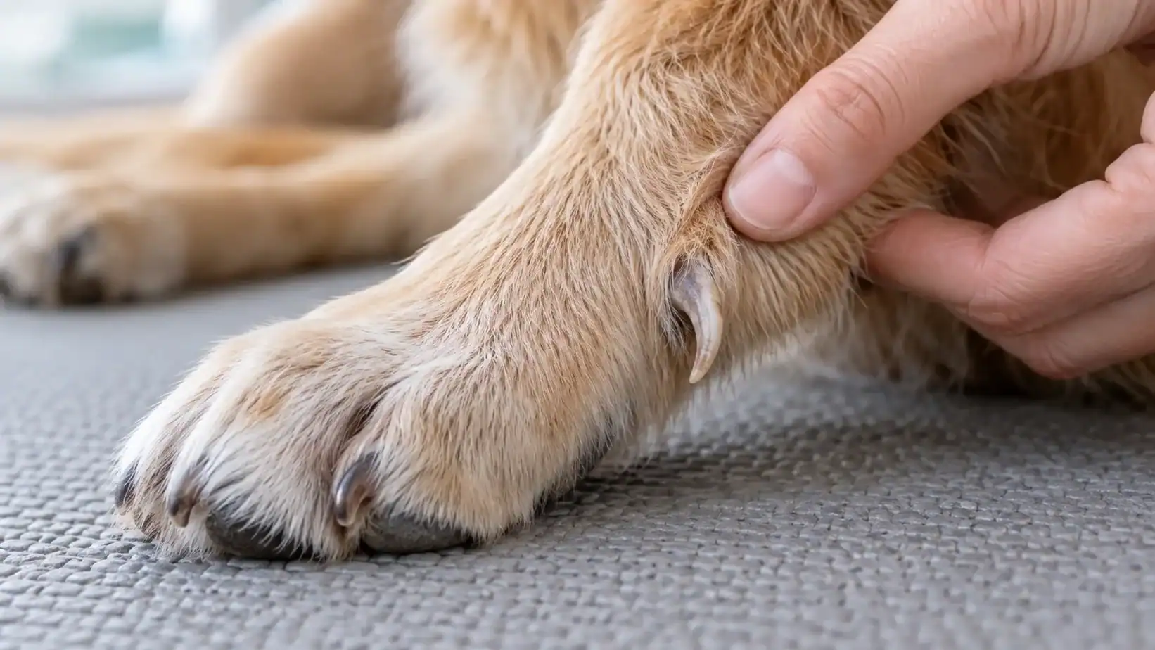 Close view of a dog’s free dew claw as a hand parts the fur to reveal its nail tip.