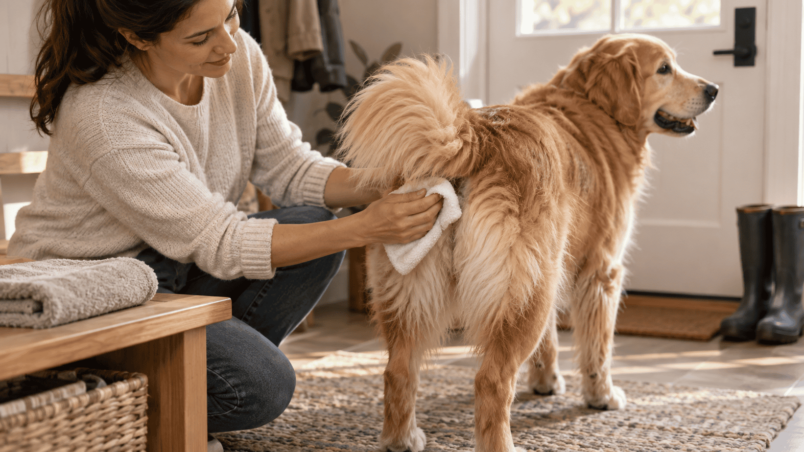 Owner gently cleaning the fur beneath a calm dog's tail with a soft cloth