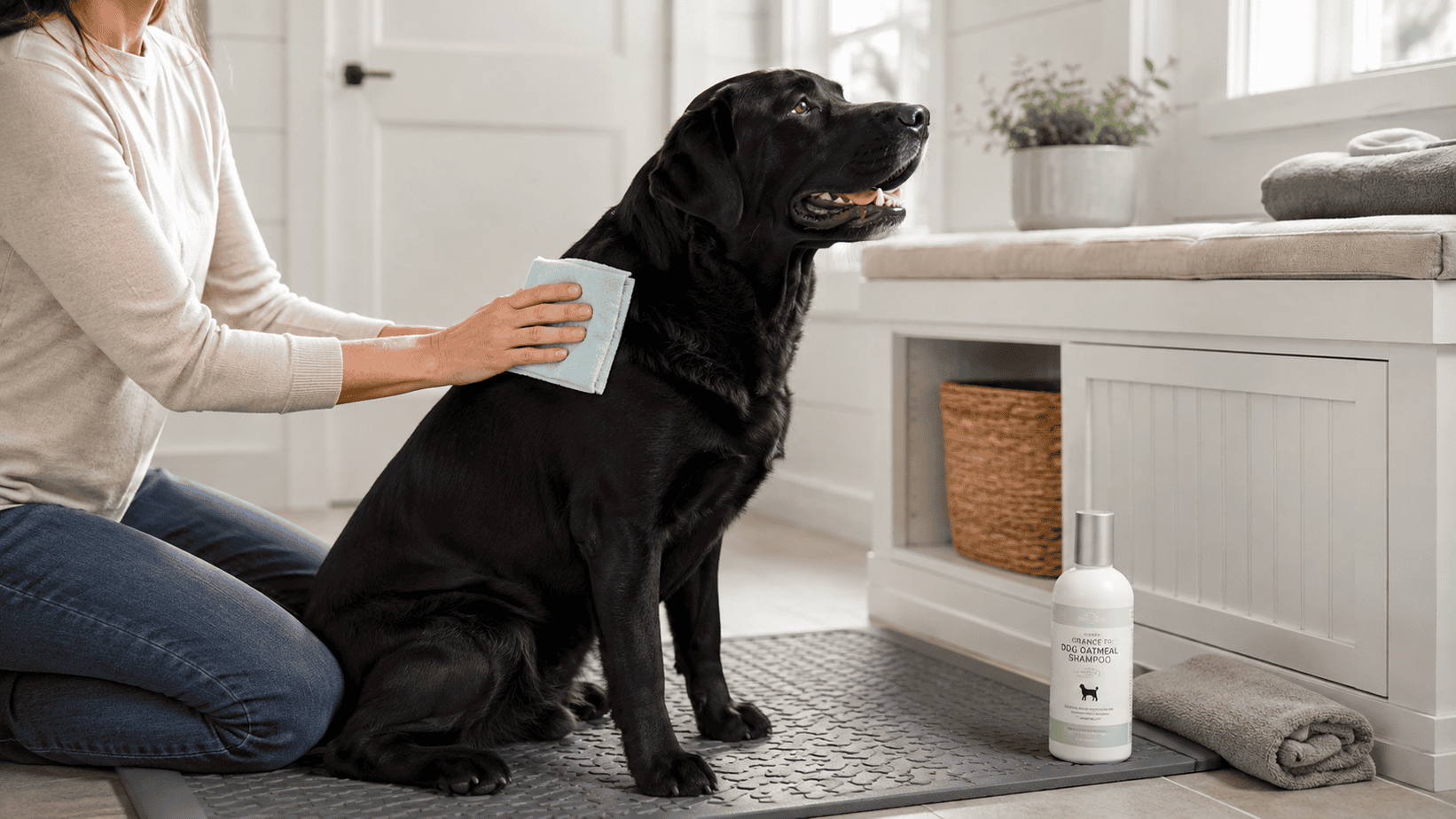 Owner soothing a calm dog's intact skin with a cool compress