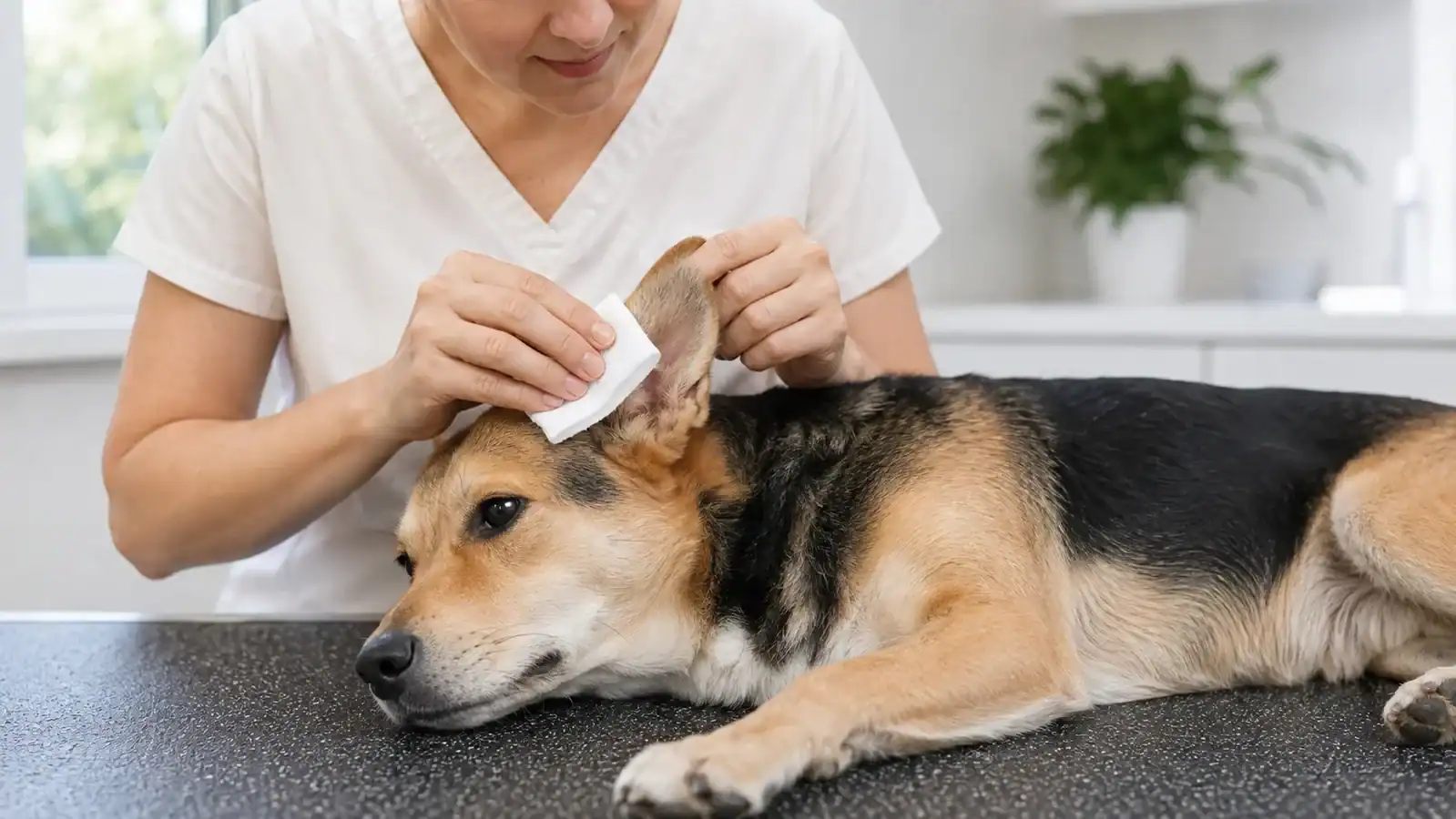 Caregiver gently presses clean gauze to a calm dog's outer ear
