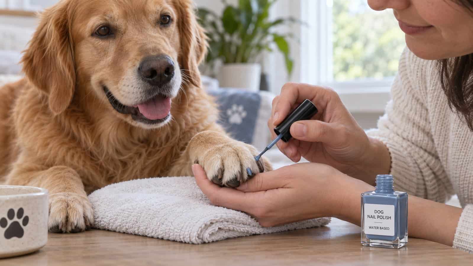 Person gently painting one healthy dog nail with a brush from a dog nail polish bottle