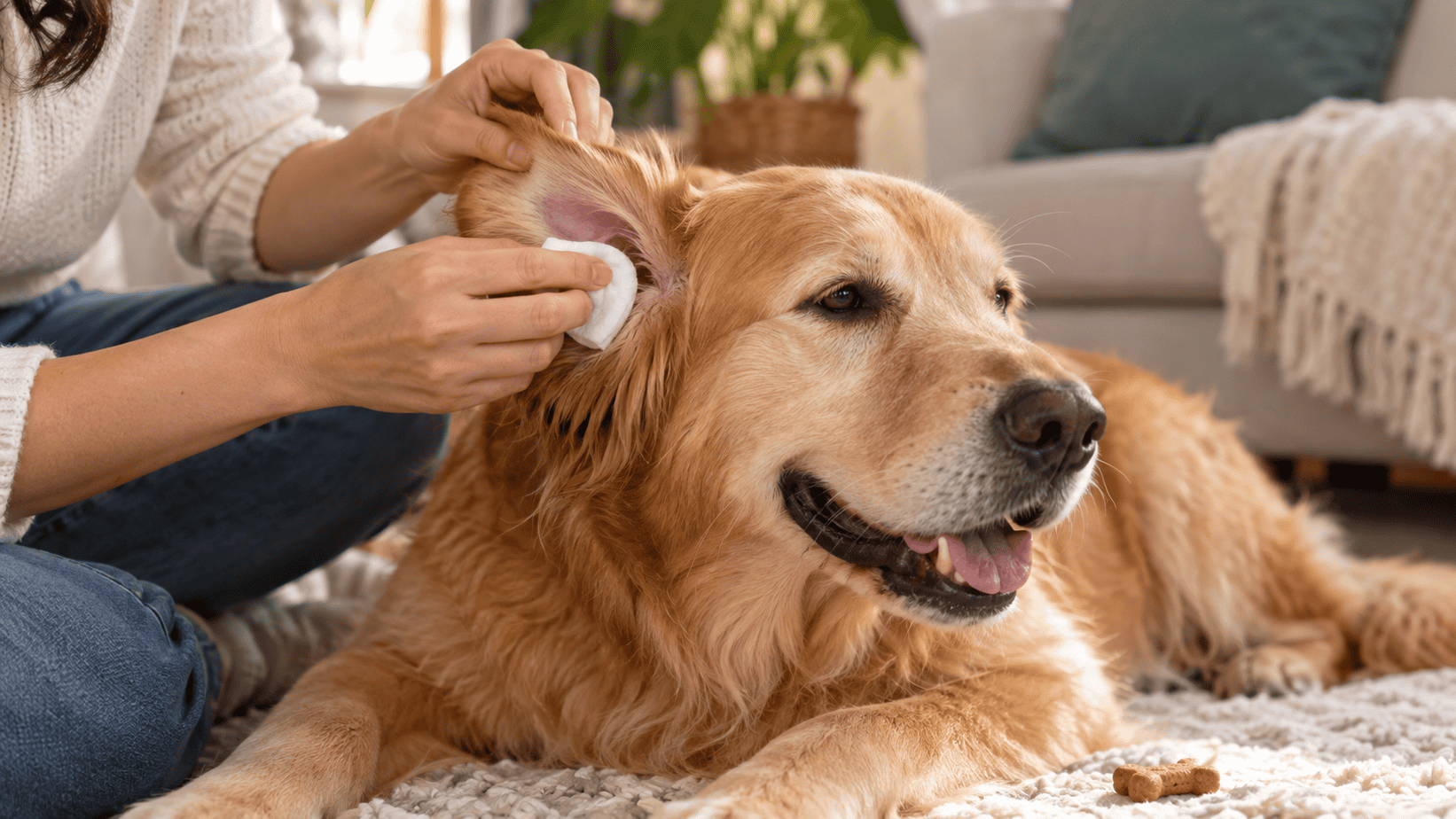 Dog owner gently wiping the visible outer ear with gauze