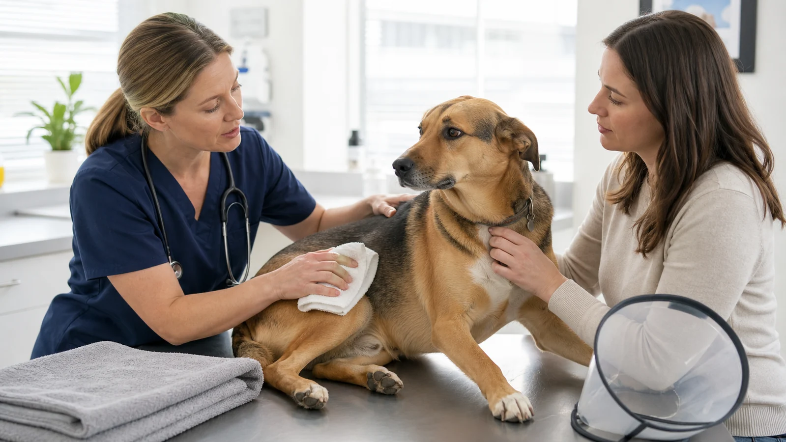 Veterinarian demonstrating a cool damp compress for a calm dog's mild skin irritation