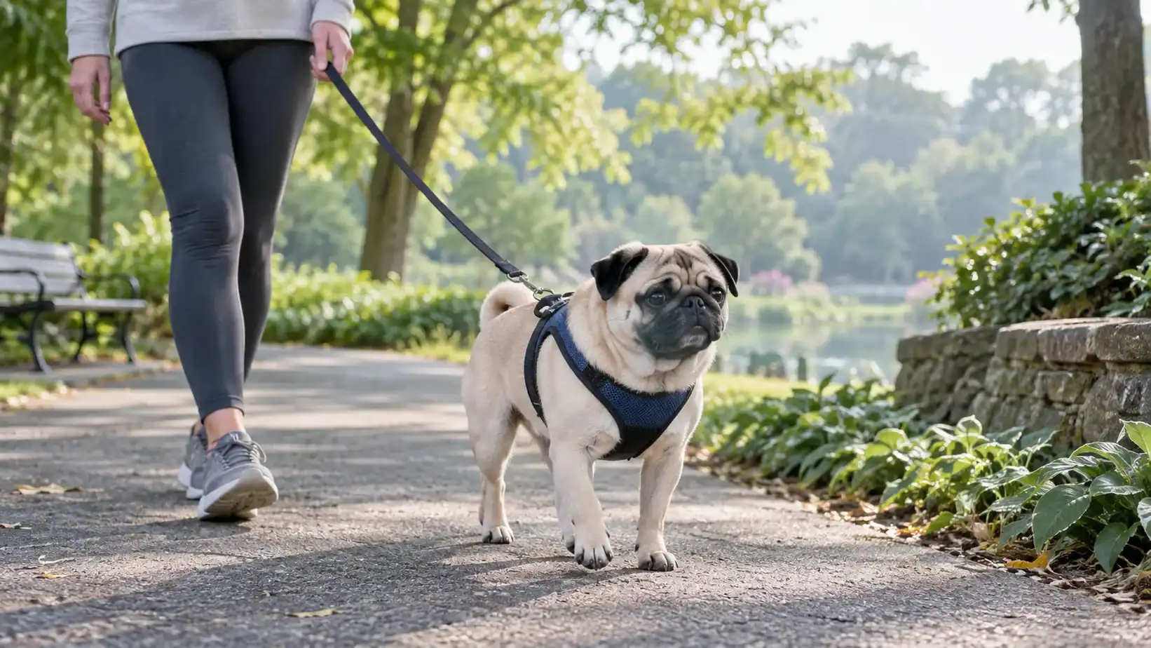 Pug walking gently in a chest harness on a cool morning