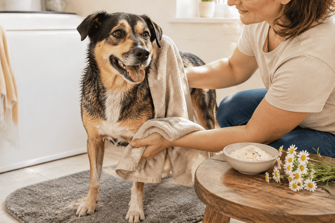 Owner drying a dog after a gentle oatmeal rinse for itchy skin