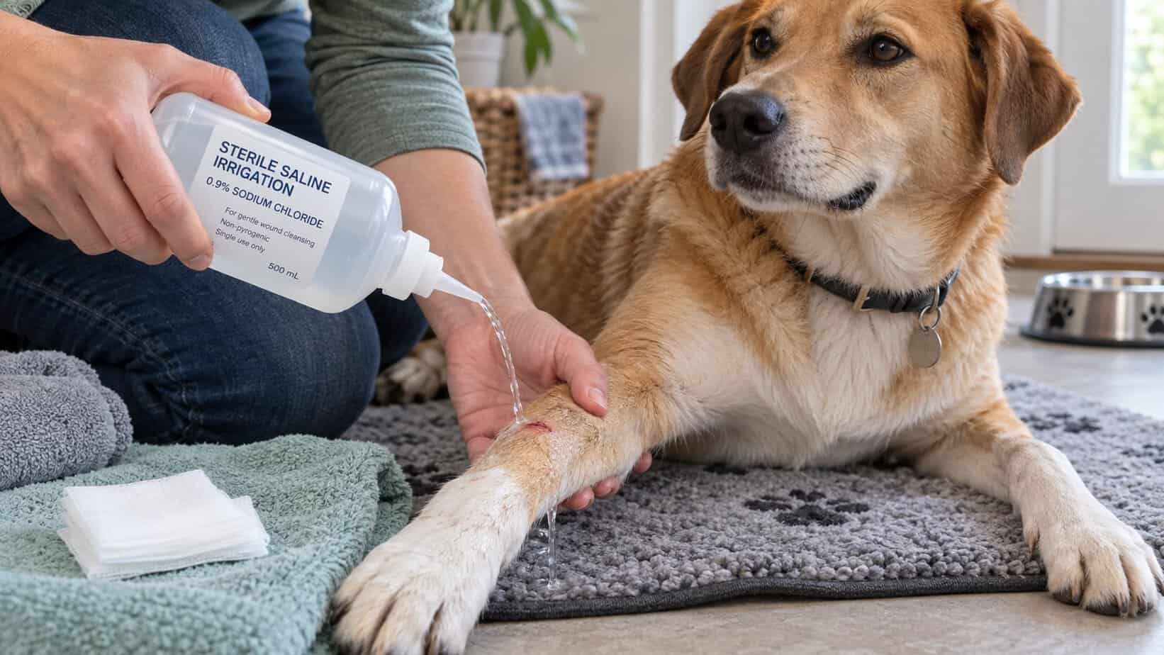 Dog owner gently rinsing a small superficial leg wound with sterile saline.