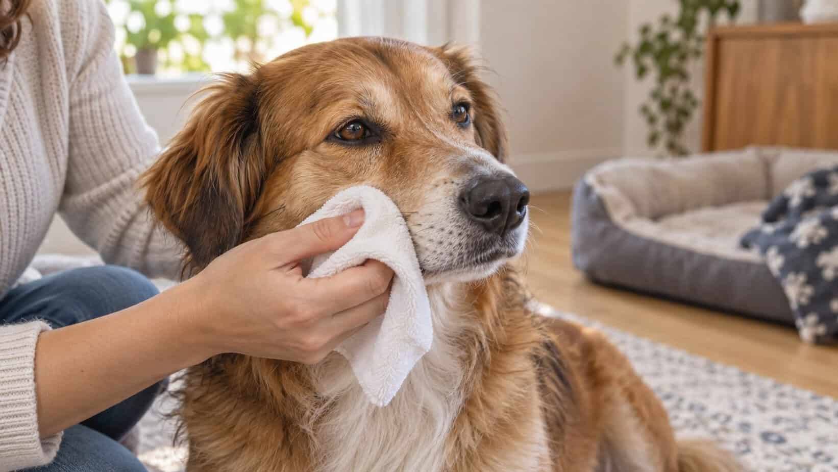 A clean warm damp cloth held gently against a calm dog’s outer muzzle.