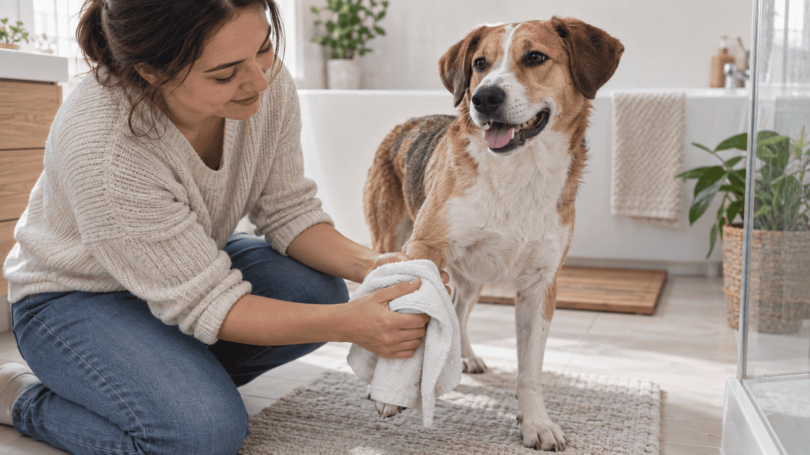 Owner gently patting a dog’s foreleg dry with a clean towel