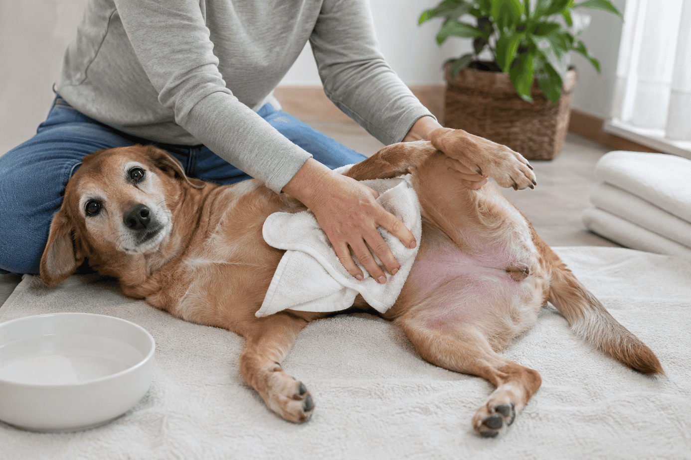Owner gently patting a dog's belly dry to help prevent diaper irritation
