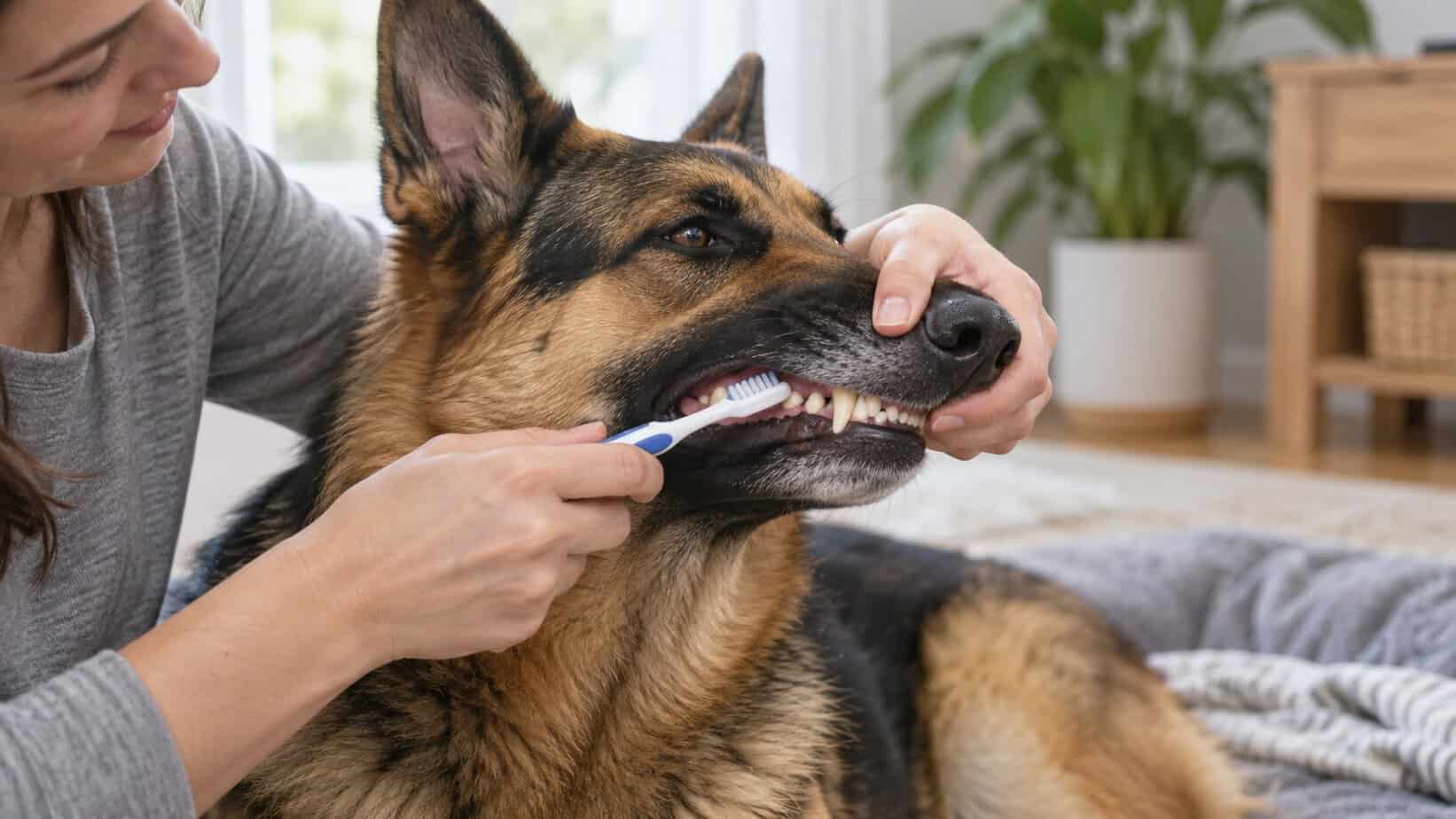 Owner gently brushing a German Shepherd's outer teeth with a dog toothbrush.