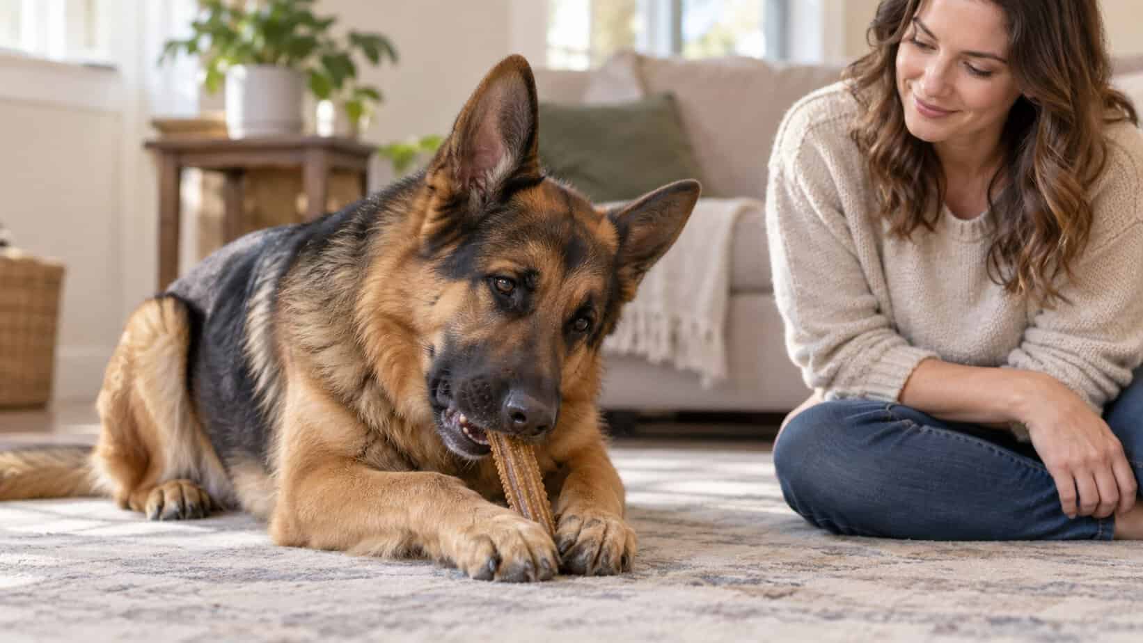 German Shepherd chewing an appropriately sized dental chew while its owner supervises.