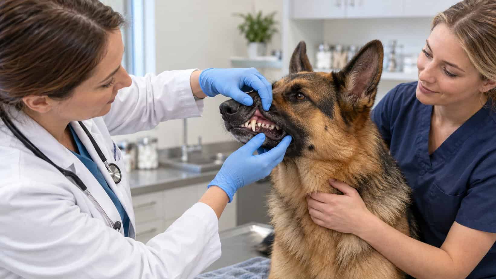 Veterinarian examining a German Shepherd's teeth and gumline with an assistant.