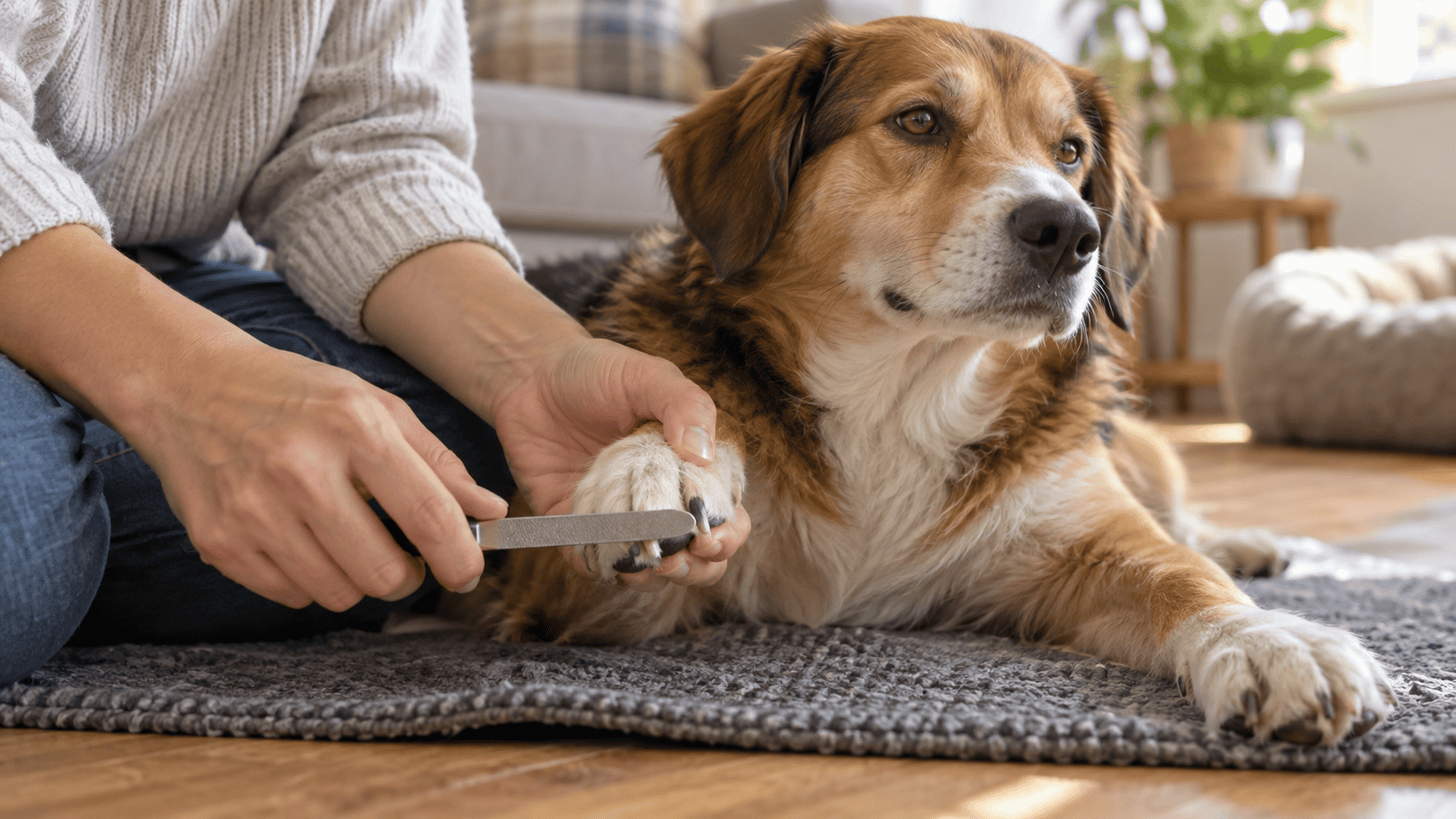 Owner gently files the tip of a relaxed dog’s front nail.