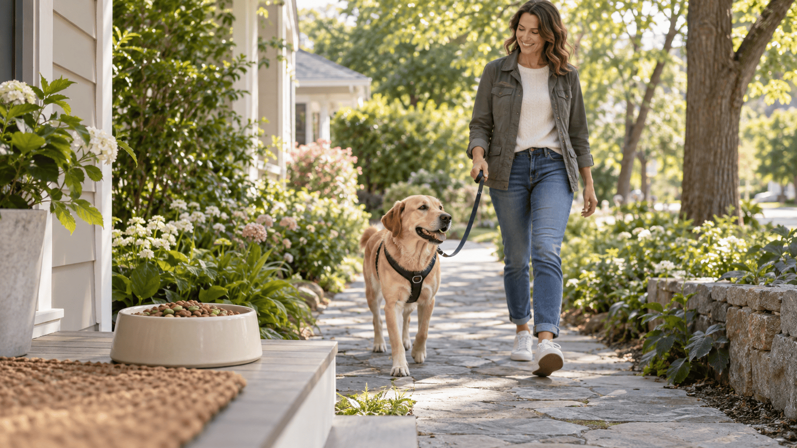 Healthy-weight dog walking with its owner near a bowl of balanced dog food