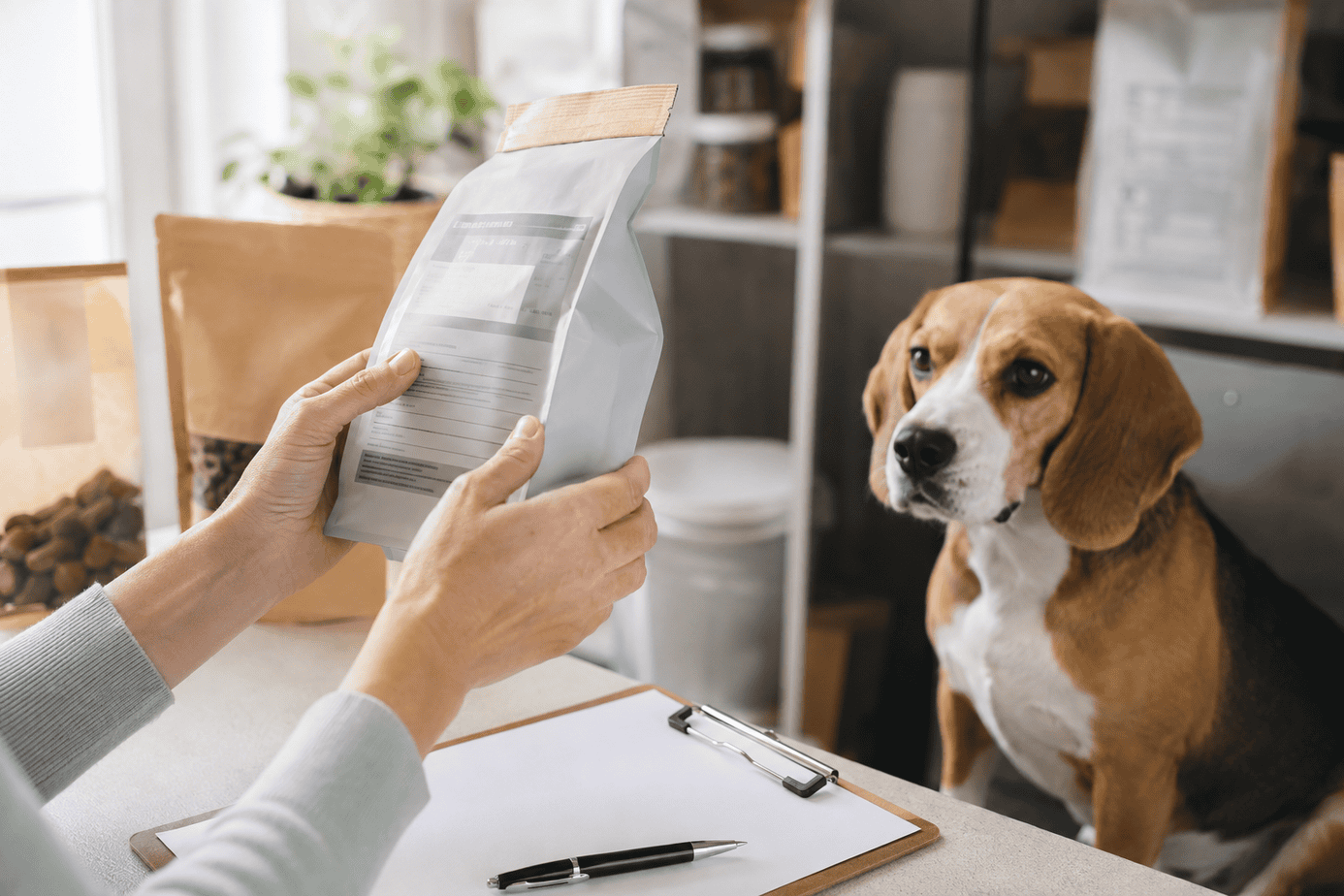 Pet parent checking a dog food label for hidden egg ingredients