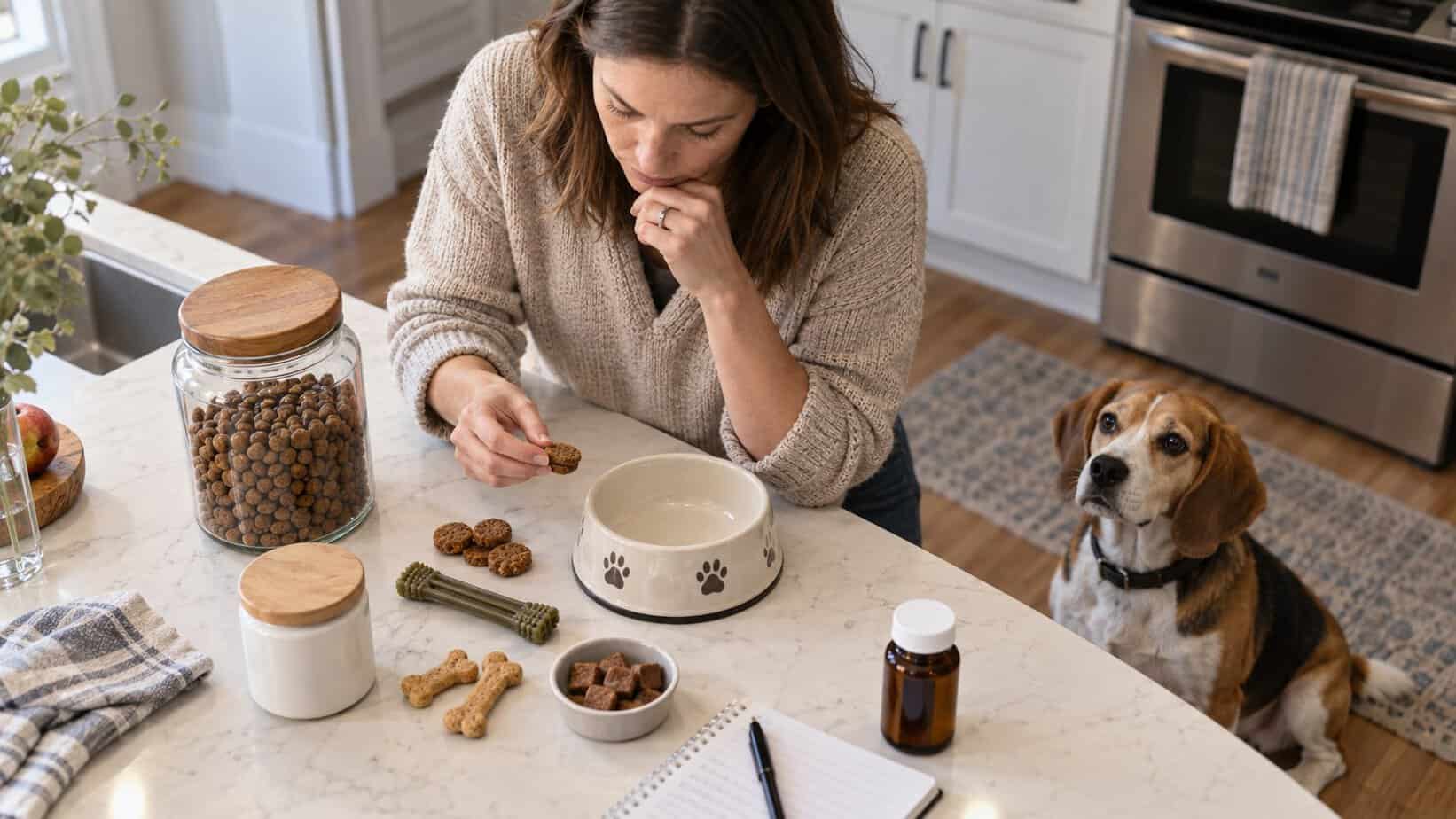 Dog owner reviewing food, treats, chews, supplements, and medication during a turkey-free diet trial