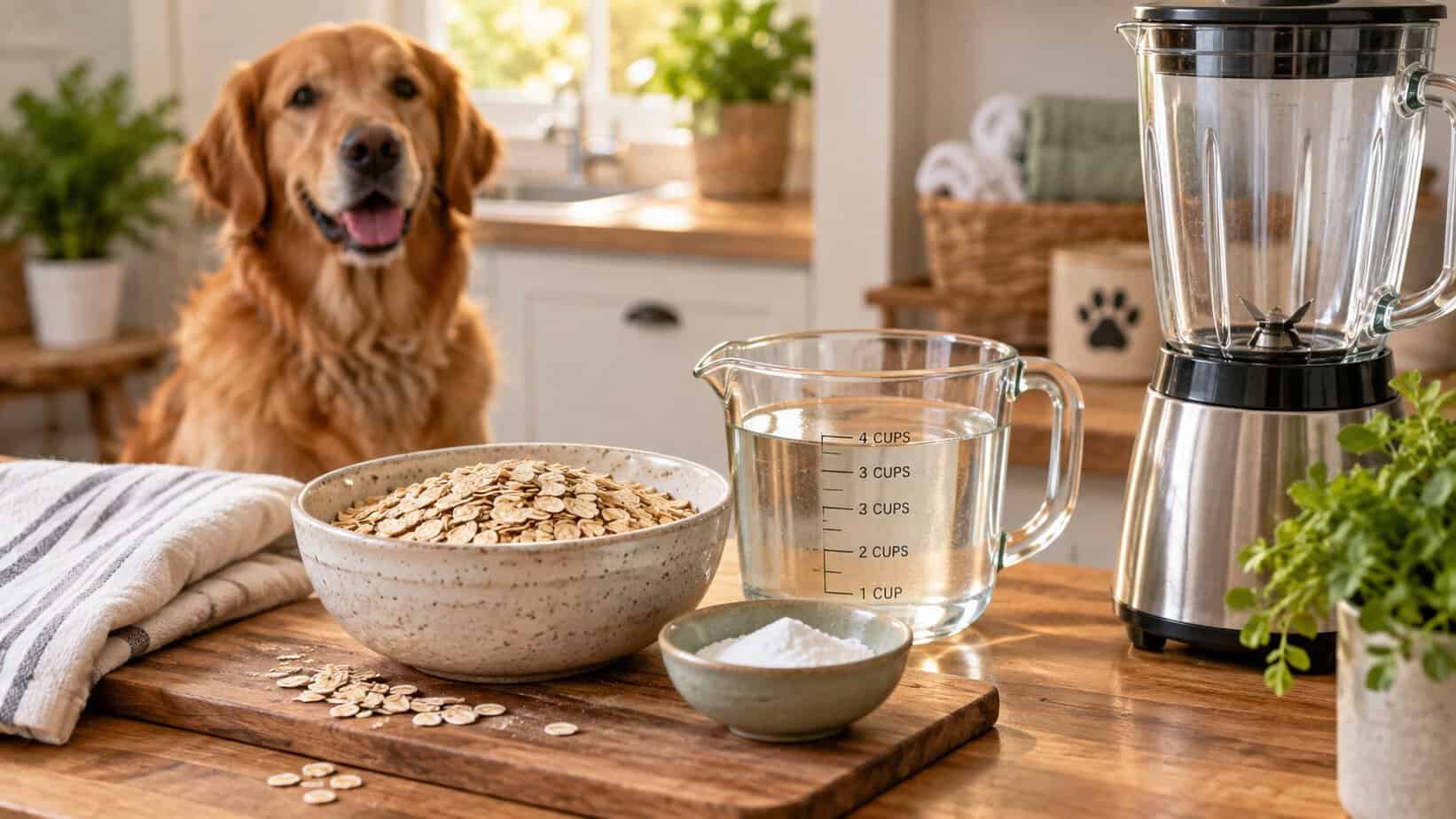 Oats, baking soda, warm water, and a blender arranged for homemade dog shampoo