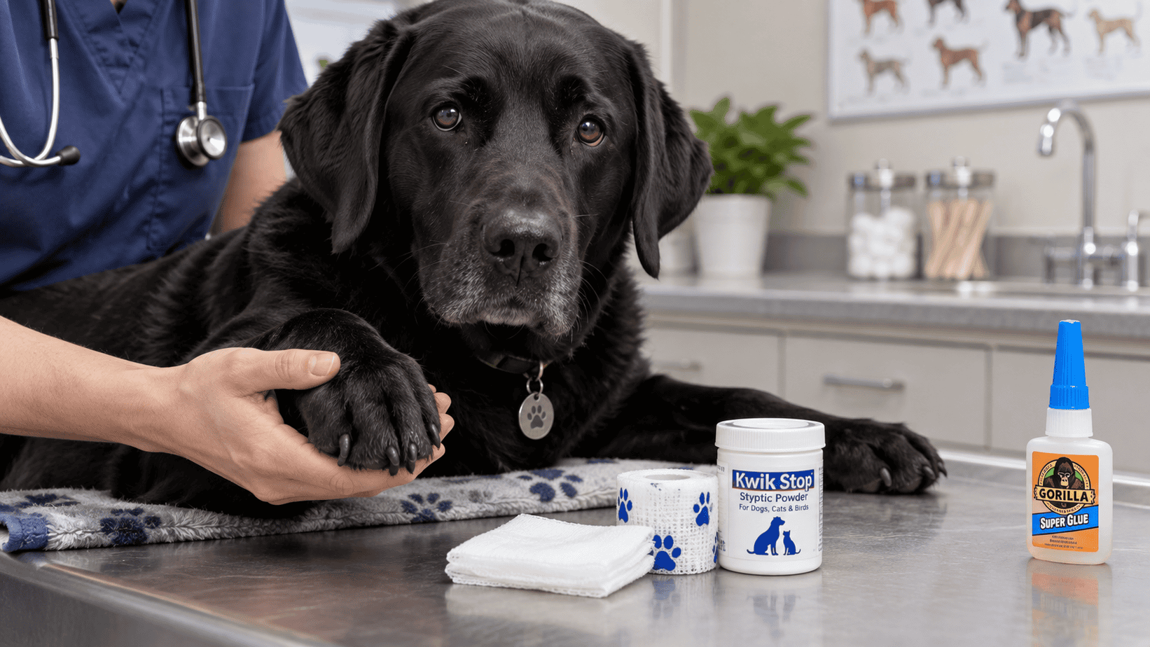 Black Labrador with styptic powder and gauze separated from a closed Gorilla Super Glue bottle